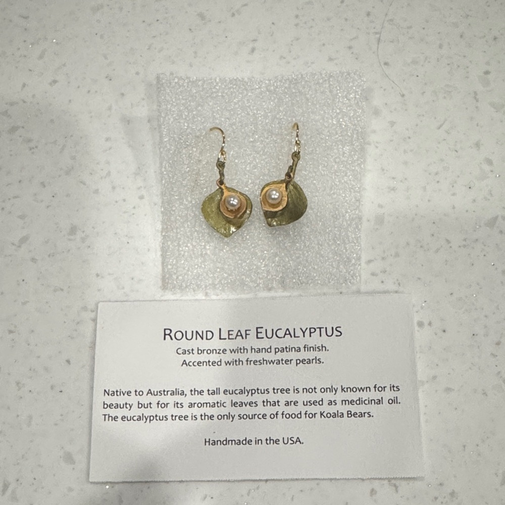 Round Leaf Eucalyptus Bronze Earrings with Freshwater Pearls